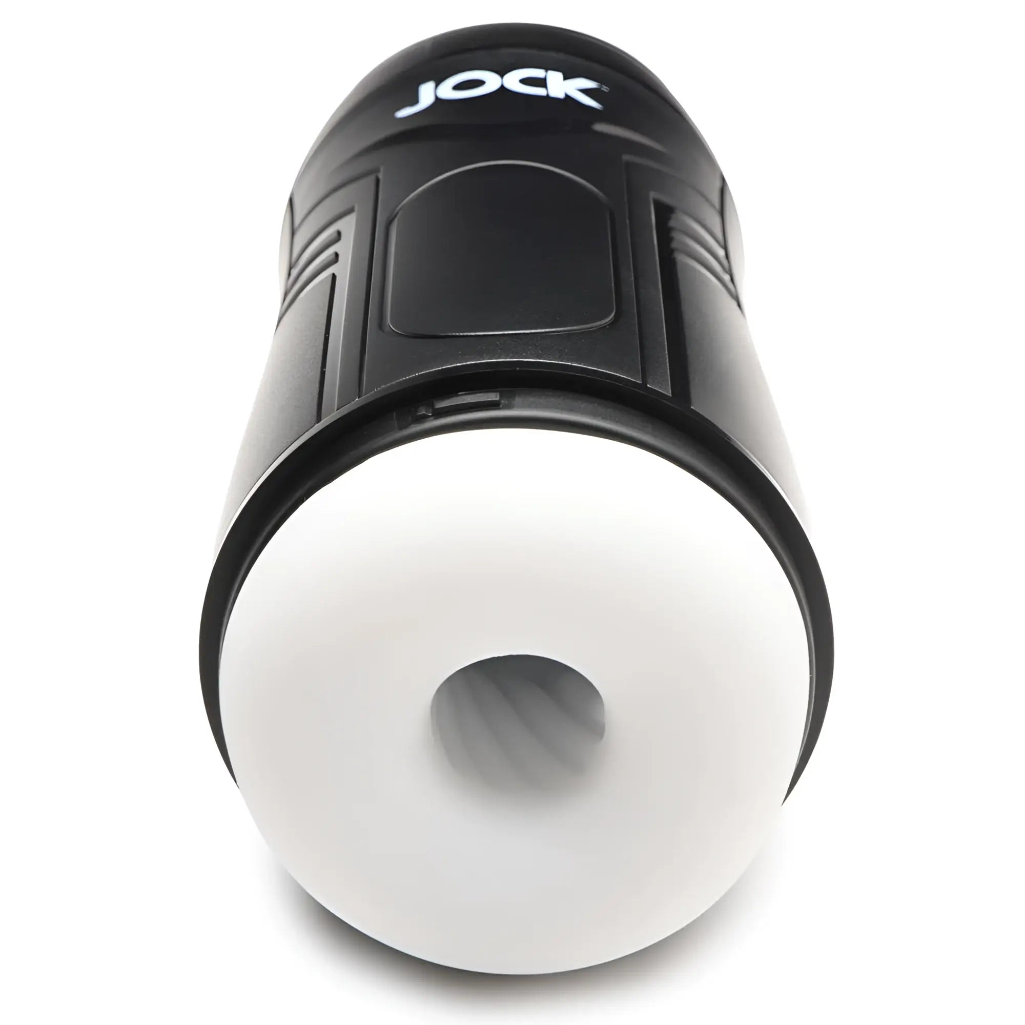 Curve Toys 9X masturbator: a black handheld device with a white textured silicone sleeve, labeled with the JOCK logo.