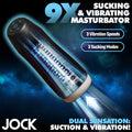 Curve Toys 9X black cylindrical masturbator with blue light effects, showing vibration and suction modes.