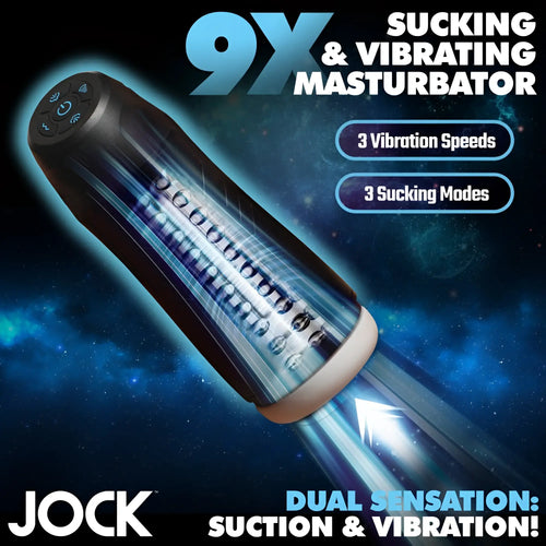 Curve Toys 9X black cylindrical masturbator with blue light effects, showing vibration and suction modes.