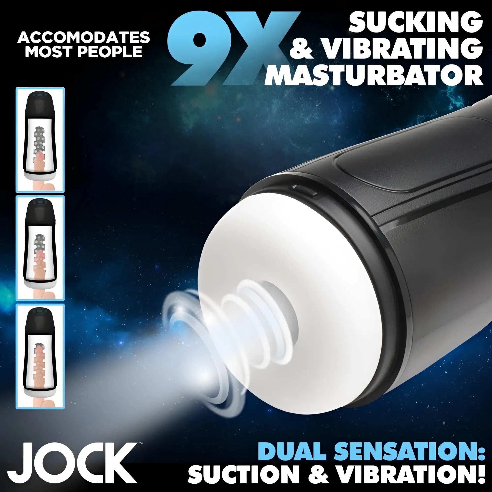 Curve Toys 9X black masturbator with a white suction sleeve and vibrating motion, set against a blue space background.