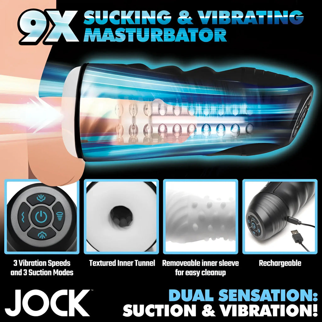 Curve Toys 9X black masturbator featuring a textured white sleeve, suction/vibration controls, and USB charging.