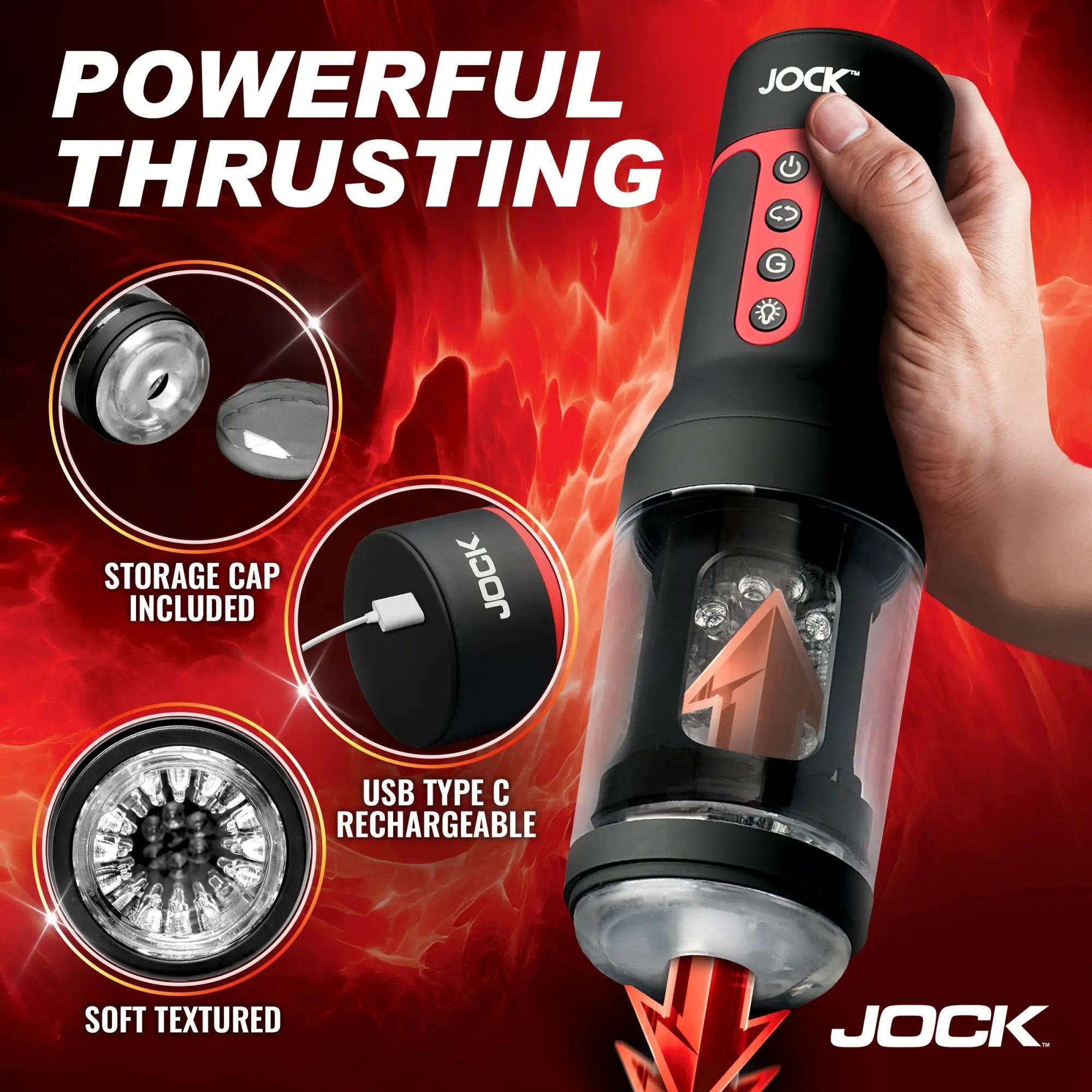 Curve Toys JOCK auto masturbator in black with red control panel, featuring soft texture and USB-C charging.