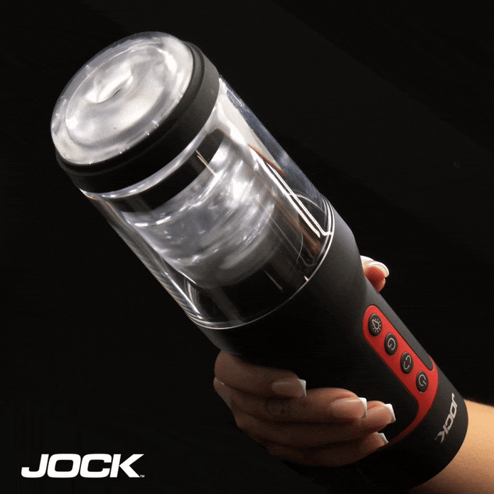 Curve Toys Auto Spin & Thrust Masturbator: A black handheld device with a clear textured sleeve and red button panel.