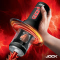 Curve Toys Advanced Auto Spin & Thrusting Masturbator: A hand holds the black and red device against a fiery background.