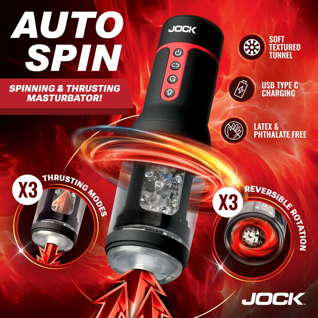 Curve Toys Auto Spin masturbator: a black and red handheld device with textured sleeve on a fiery red background.
