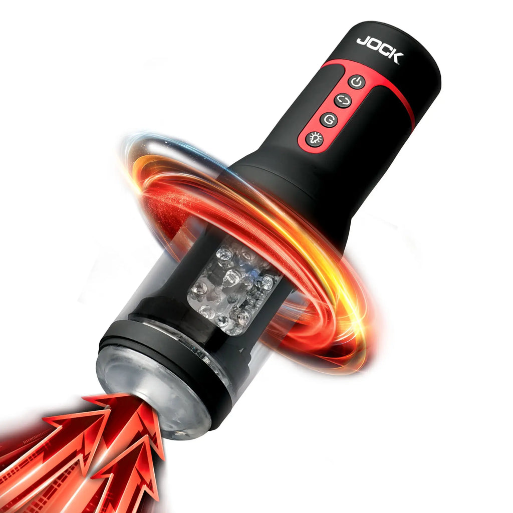 Curve Toys auto masturbator in black and red, featuring control buttons, a textured sleeve, and motion light effects.
