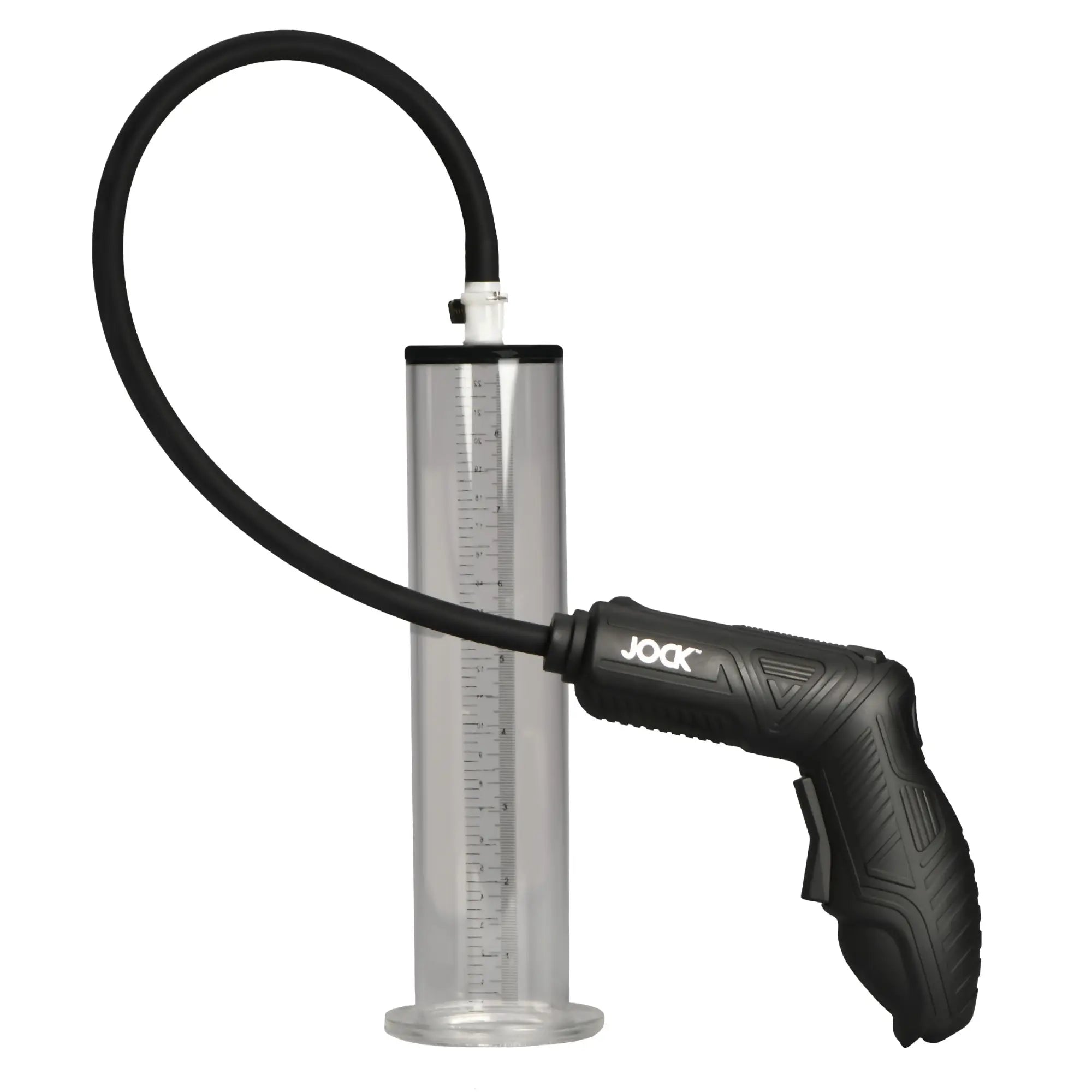 Curve Toys Advanced Power Pumper: Clear graduated cylinder connected by black hose to a black pistol-grip pump.
