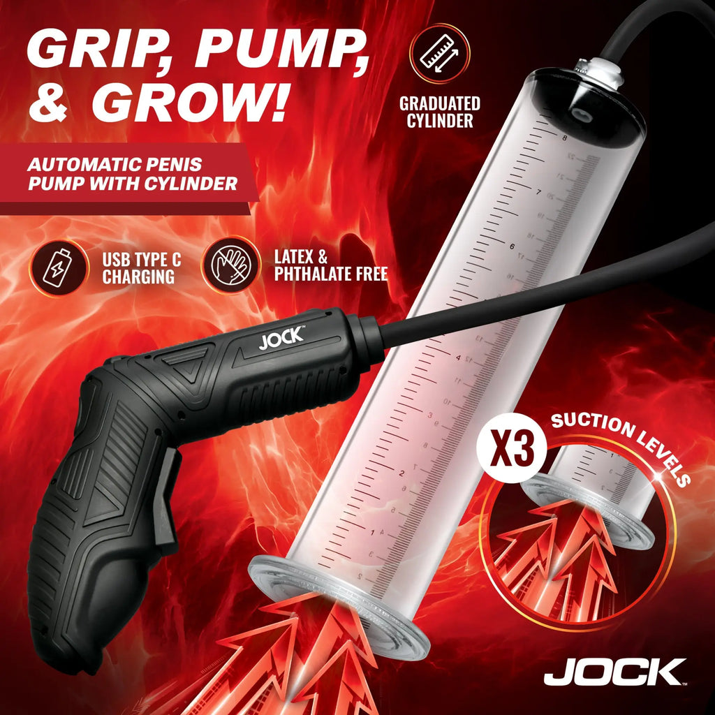 Curve Toys Advanced Power Pumper: A black, pistol-grip automatic penis pump with a clear, graduated measuring cylinder.