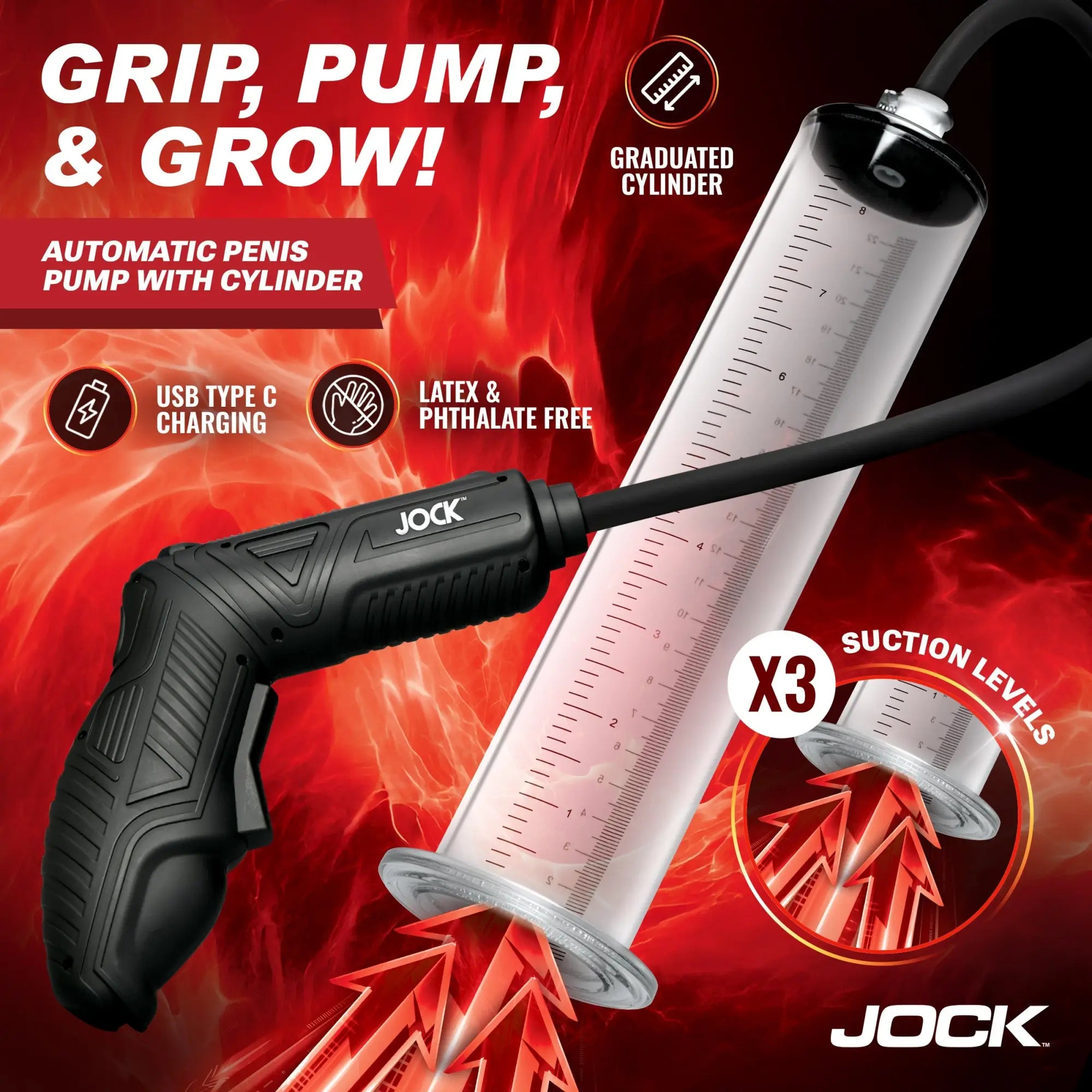 Curve Toys Advanced Power Pumper: A black, pistol-grip automatic penis pump with a clear, graduated measuring cylinder.