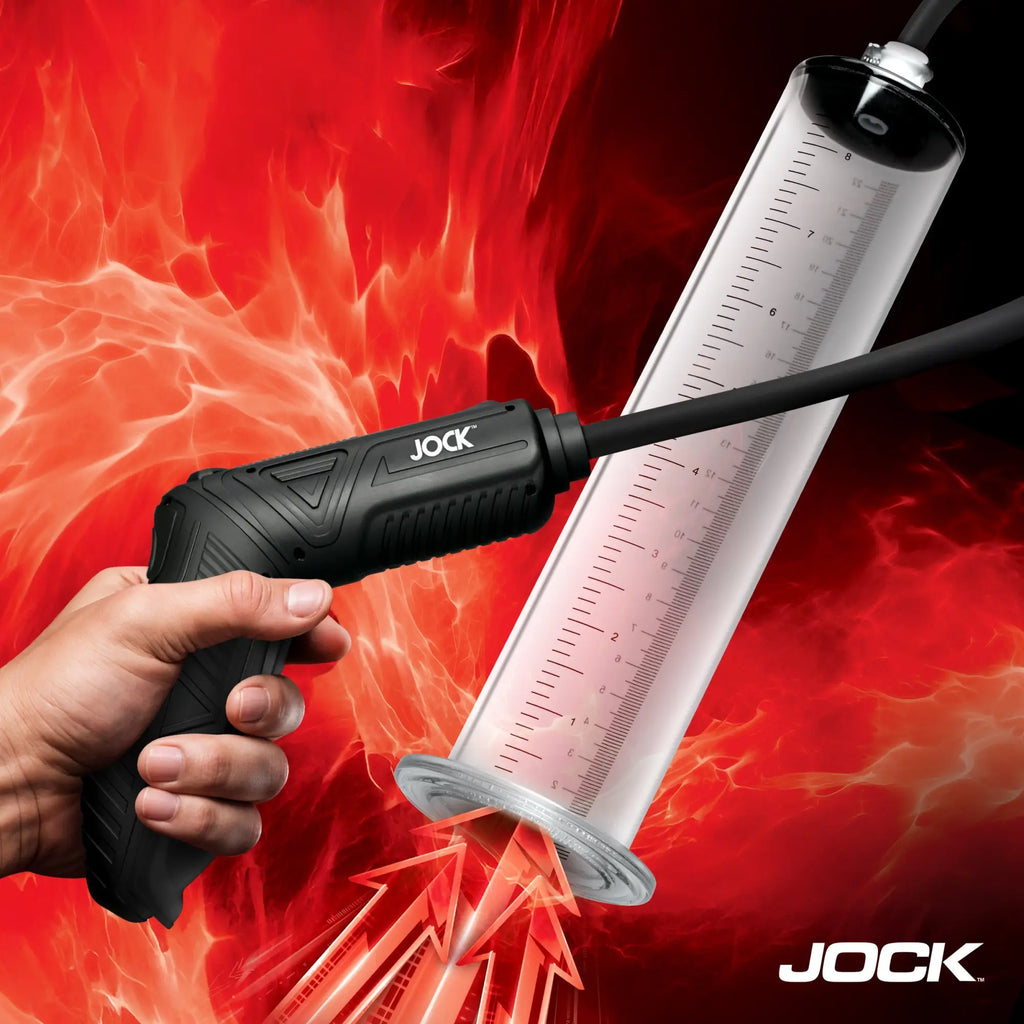 Curve Toys Advanced Power Pumper with black trigger-style motor, connected to a clear, measurement-marked cylinder.
