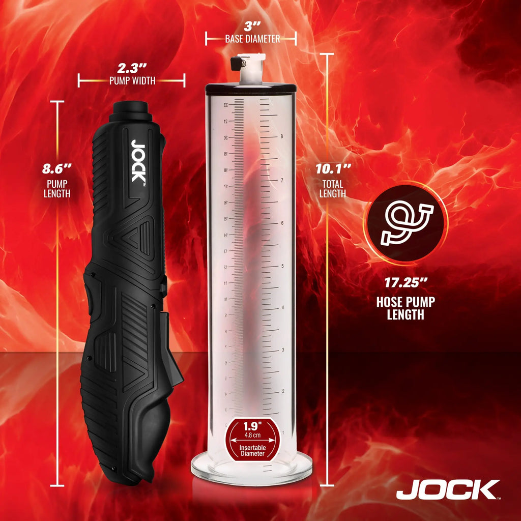 Curve Toys Advanced Power Pumper: A black electric pump next to a clear measuring cylinder, shown with size dimensions.