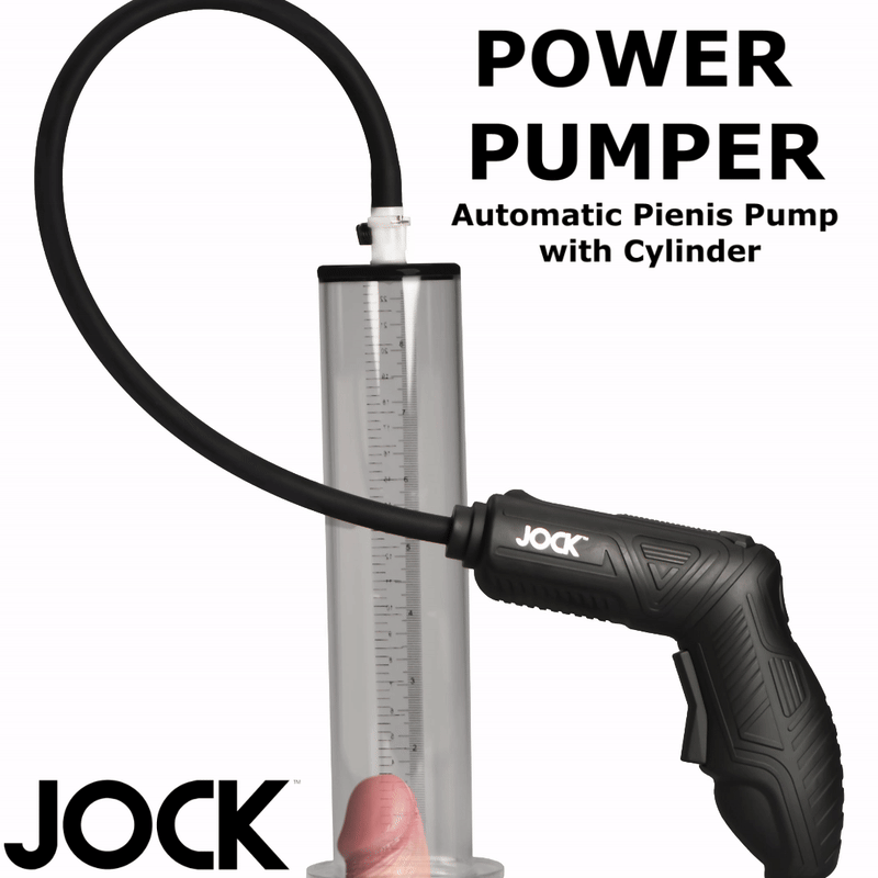 Curve Toys Power Pumper automatic penis pump with a clear, graduated cylinder and black, handheld electronic pump.