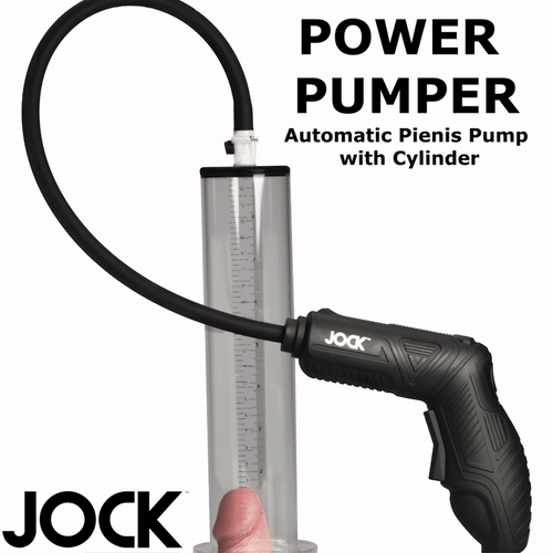 Curve Toys Power Pumper automatic penis pump with a clear, graduated cylinder and black, handheld electronic pump.