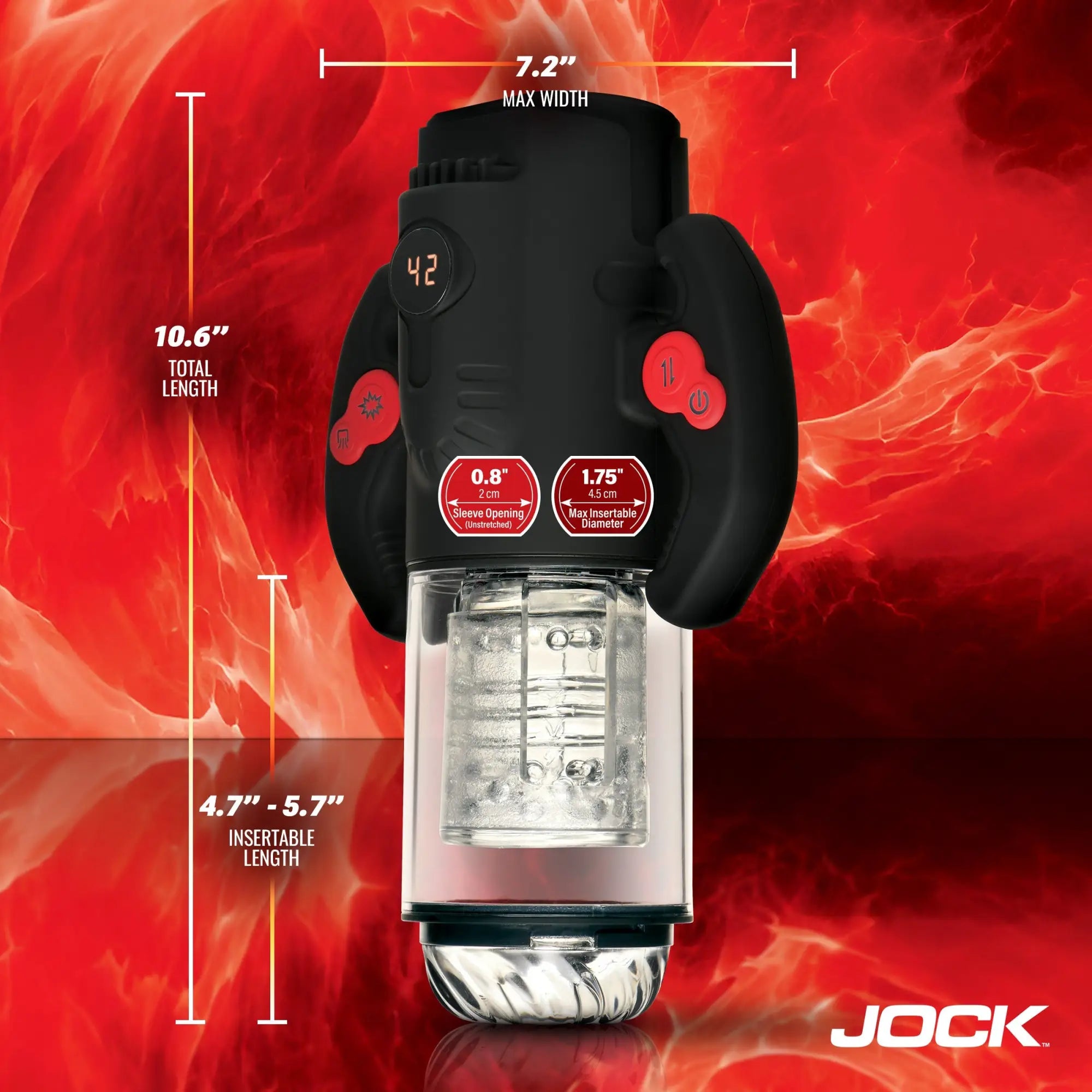 Black Curve Toys Advanced Turbo Max masturbator with red controls and a clear internal sleeve on a fiery background.