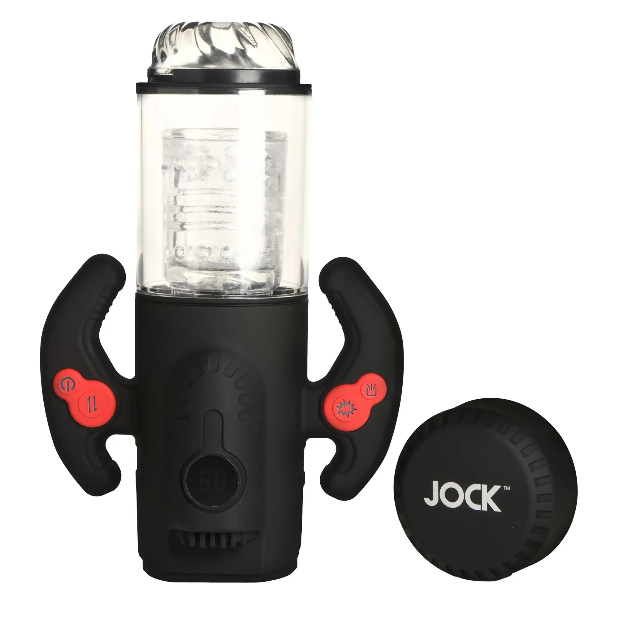 Curve Toys Advanced Turbo Max, a black and clear motorized masturbator with dual handles, red buttons, and a Jock cap.