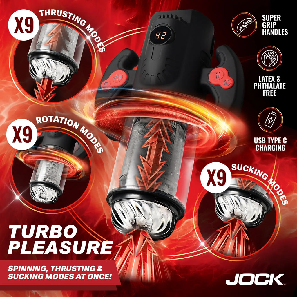 Curve Toys Advanced Turbo Max: black masturbator with handles, clear sleeve, and digital display on red fire background.