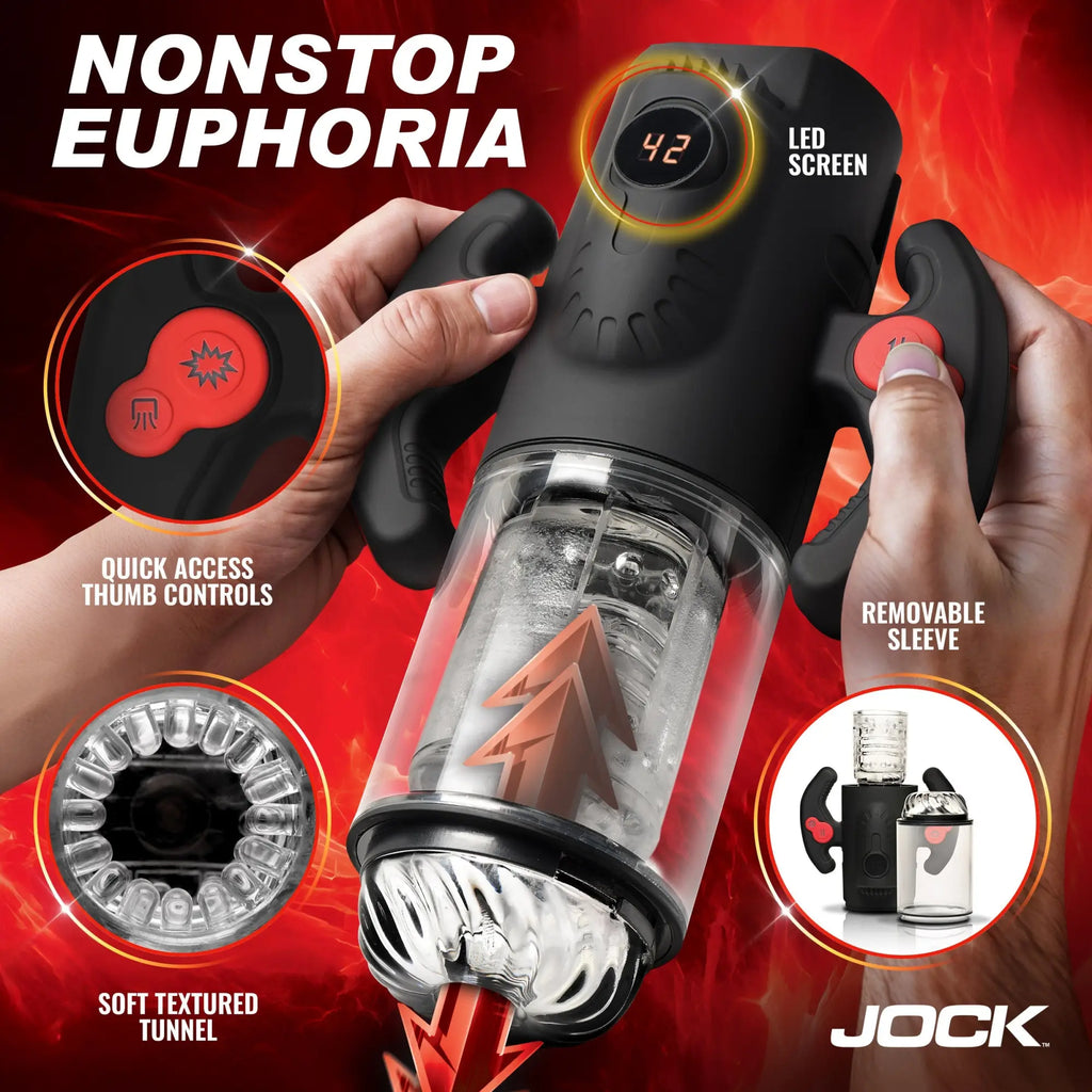 Curve Toys Advanced Turbo Max: Black handheld masturbator with red buttons, clear textured sleeve, and LED display.
