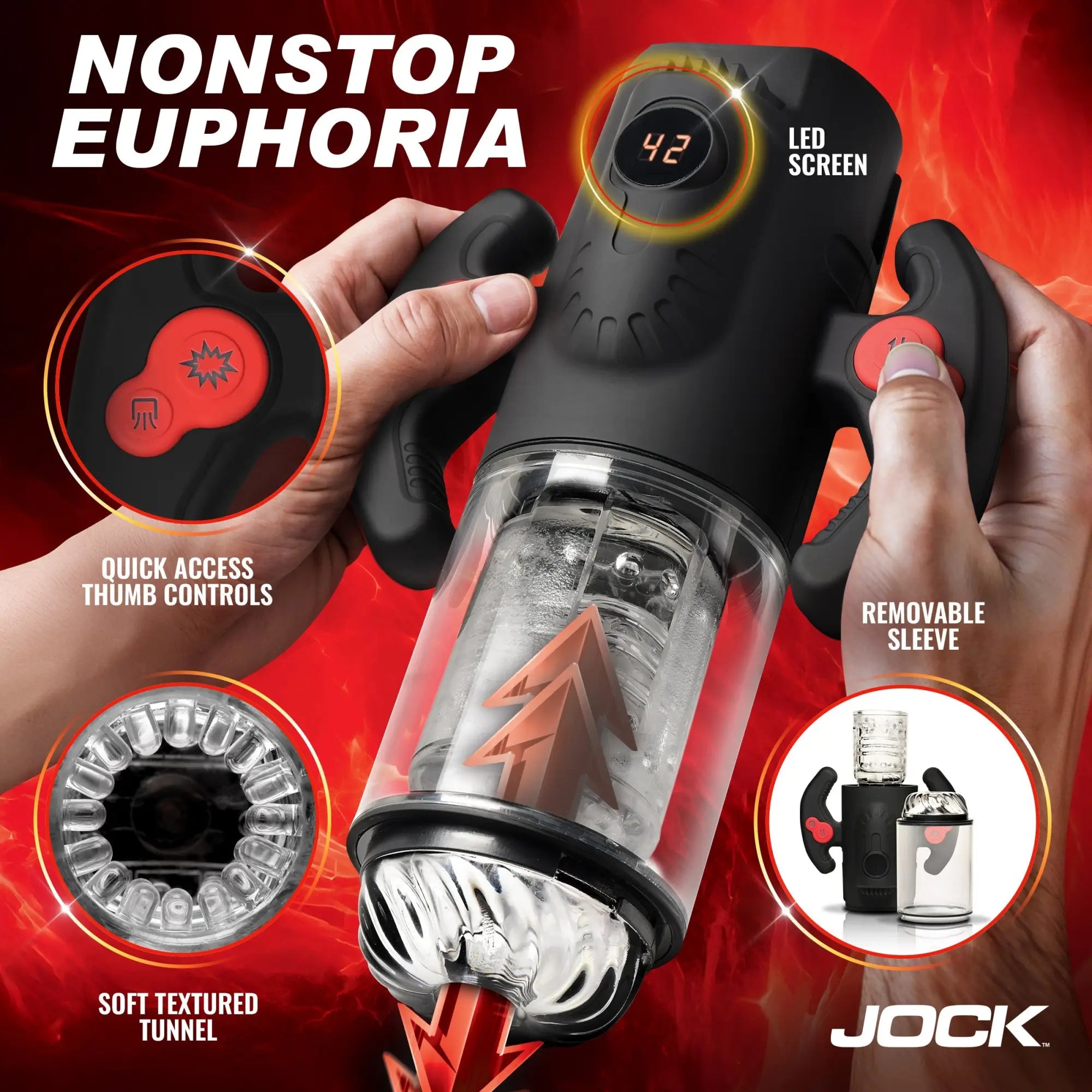 Curve Toys Advanced Turbo Max: Black handheld masturbator with red buttons, clear textured sleeve, and LED display.