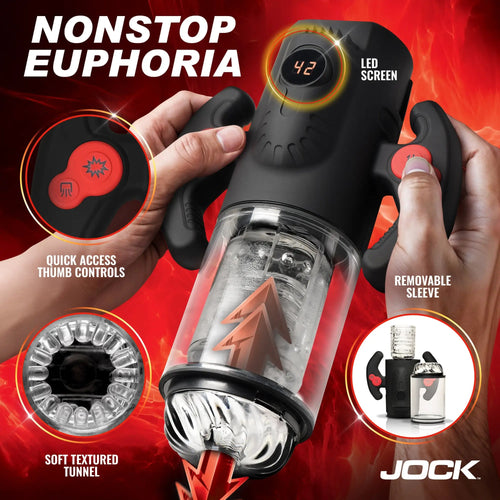 Curve Toys Advanced Turbo Max: Black handheld masturbator with red buttons, clear textured sleeve, and LED display.
