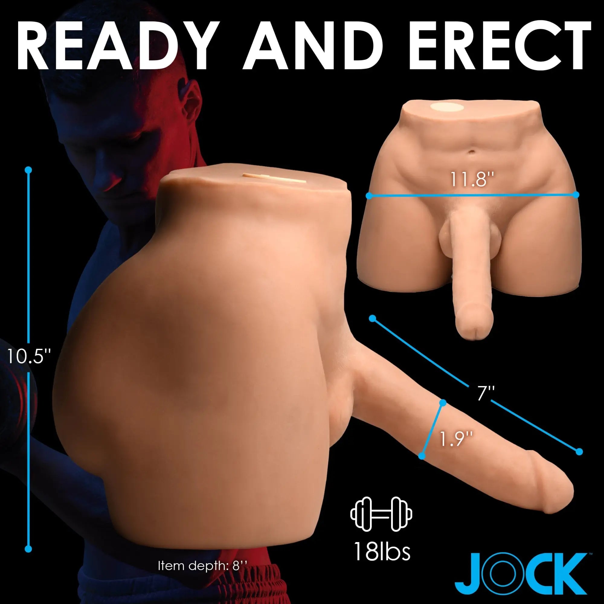 Curve Toys masturbator: a tan, torso-shaped male device with dimensions and weight specs labeled on a black background.