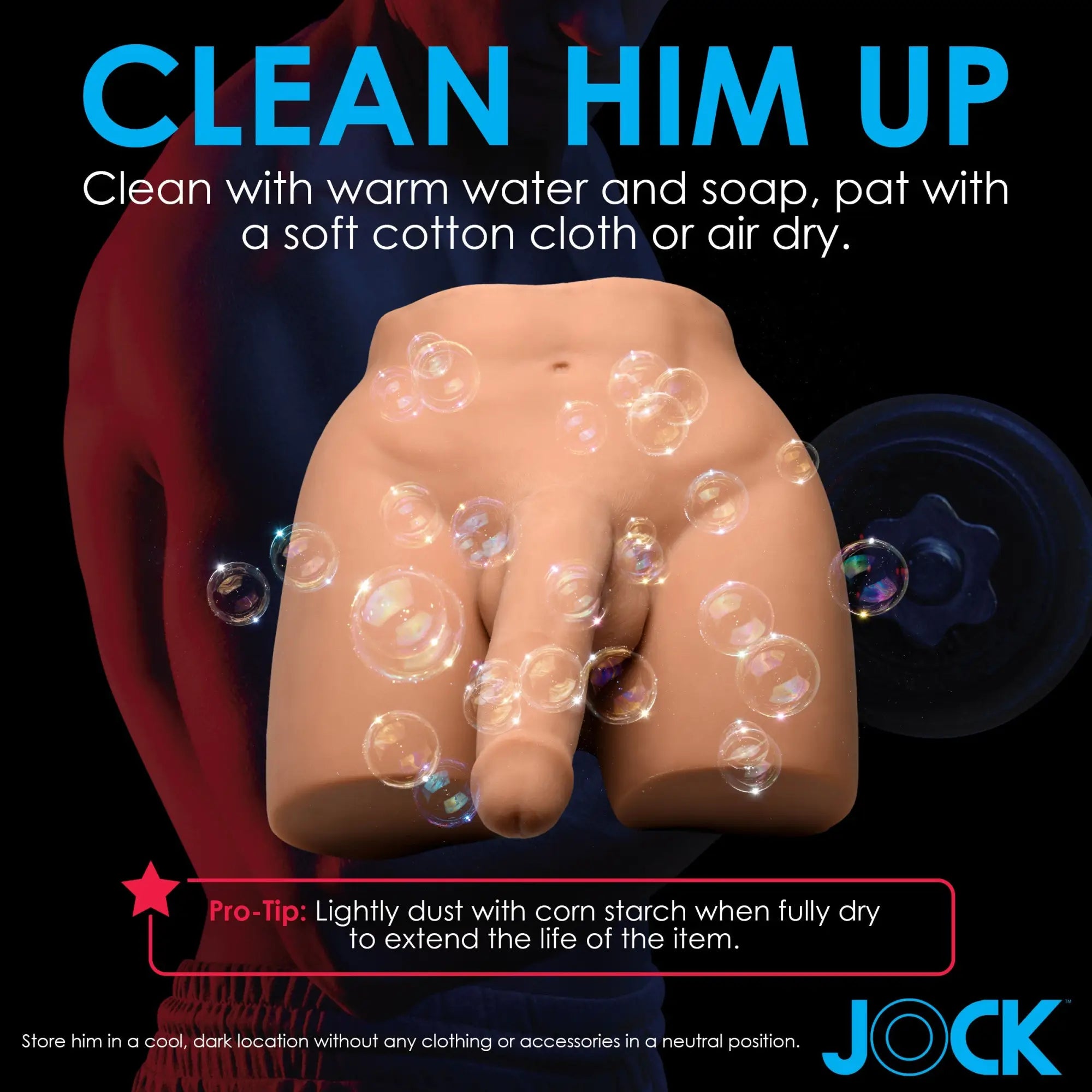 Curve Toys masturbator shown with bubbles, demonstrating cleaning instructions against a black background.