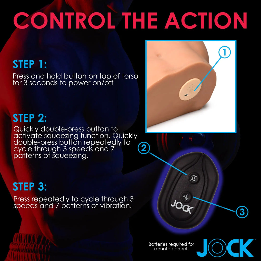 Curve Toys Auto-Squeezing Masturbator instructions, showing device controls and a black remote on a dark background.