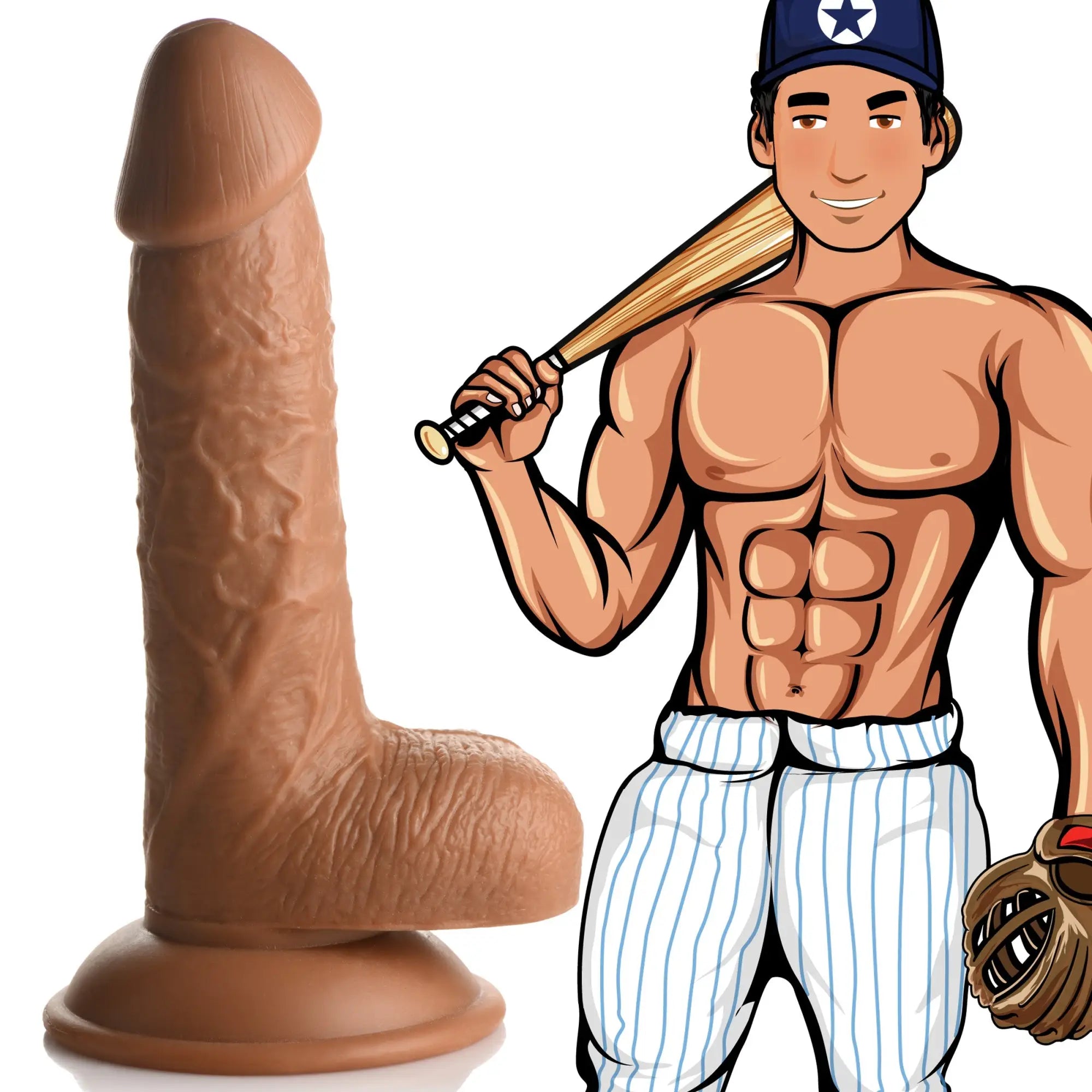 Curve Toys Baseball Brian 7-inch tan, realistic textured dildo with suction cup base next to a cartoon baseball player.