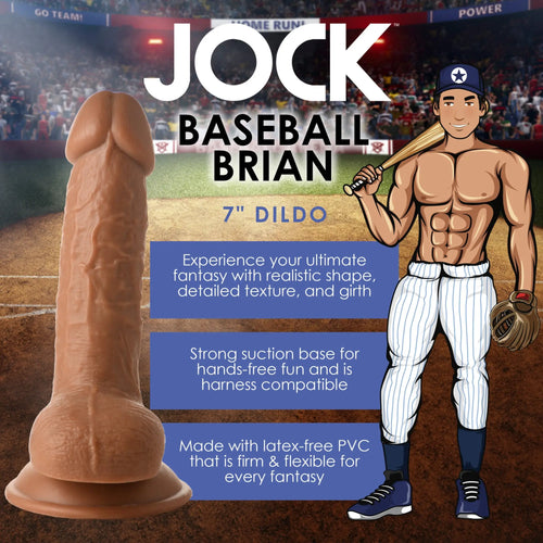 Curve Toys Baseball Brian 7-inch tan, realistic textured dildo with a suction base, next to a baseball player illustration.