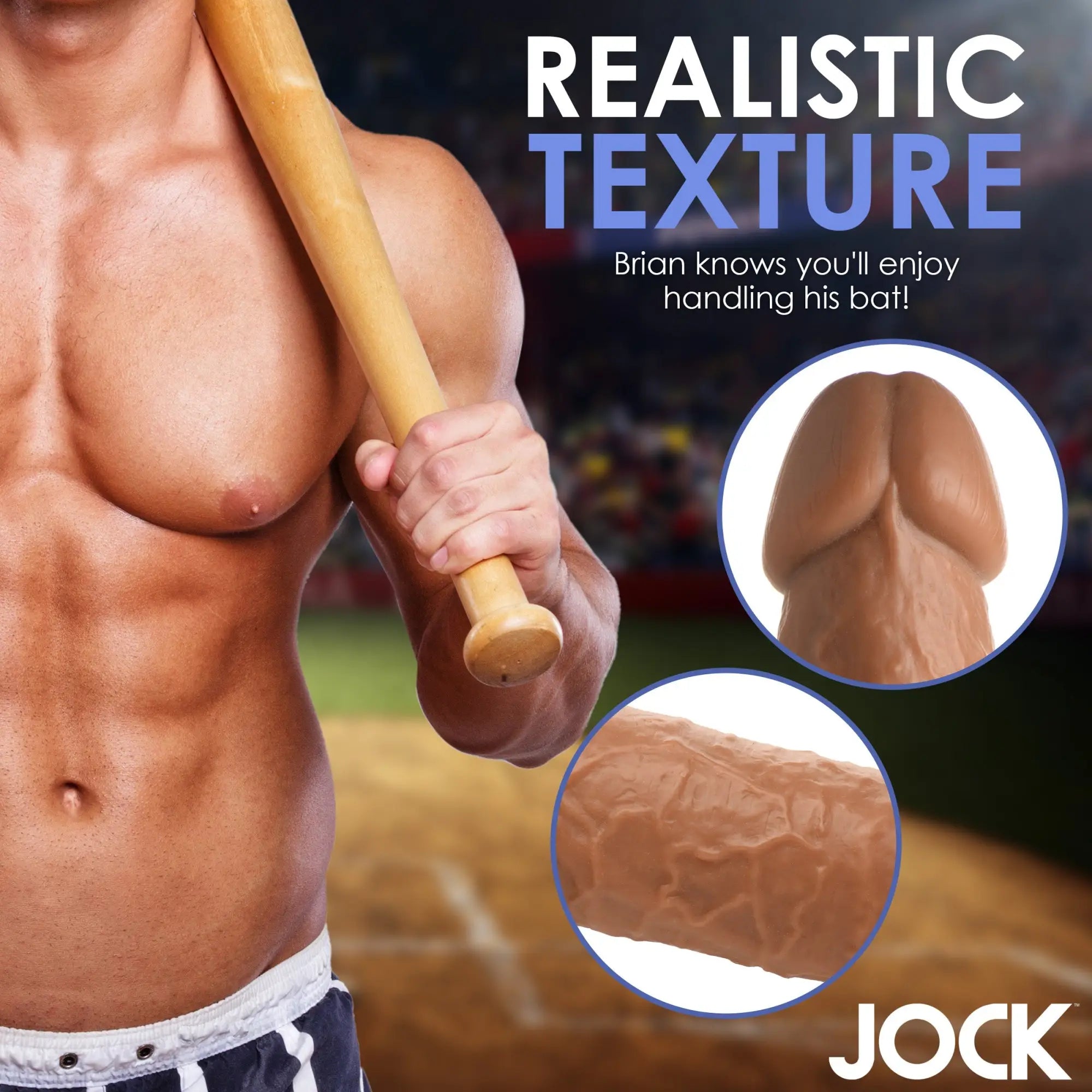 Curve Toys Baseball Brian dildo: A 7-inch realistic tan dildo with veined texture, shown alongside a model with a bat.