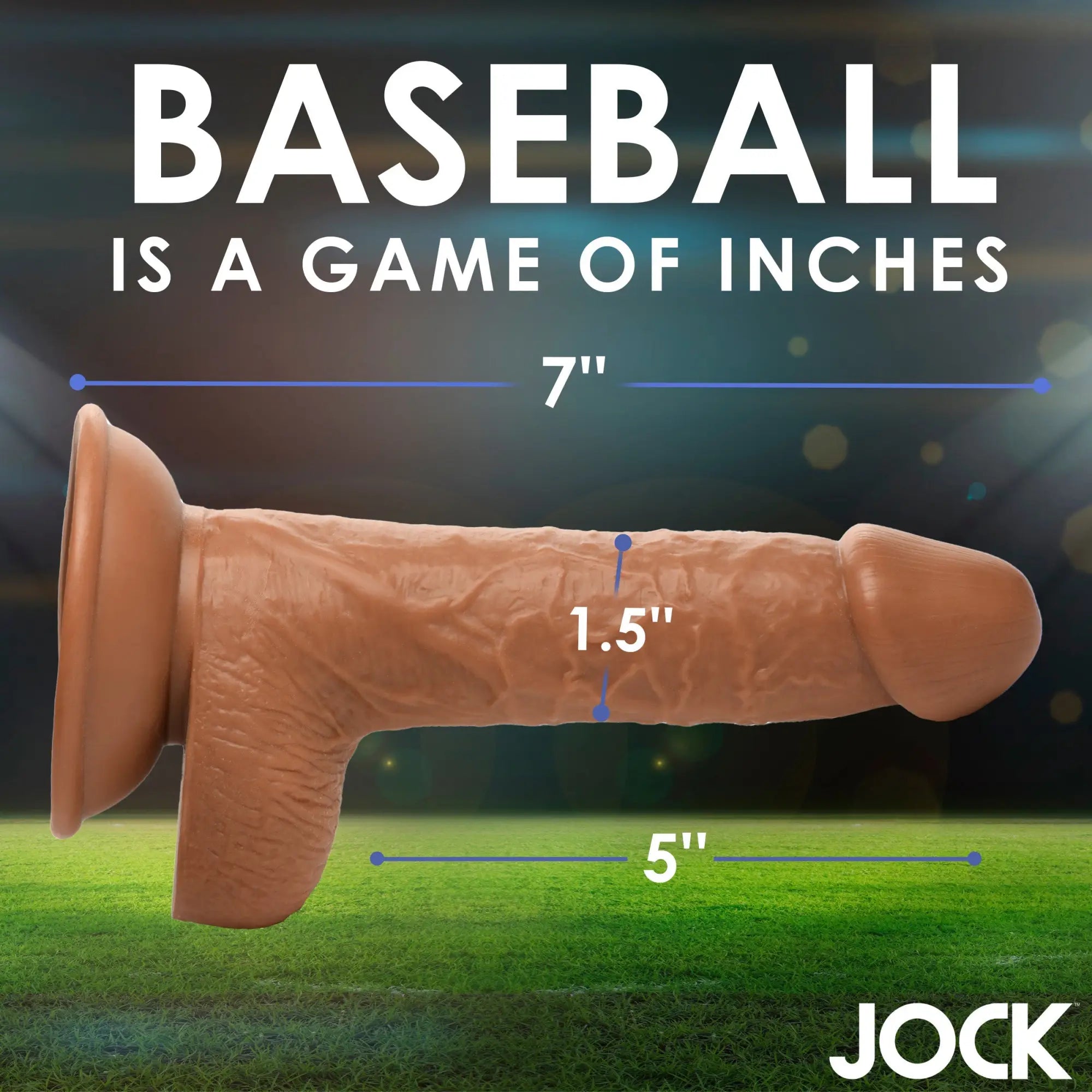 Curve Toys Baseball Brian 7-inch tan, realistic textured dildo with a suction cup base against a stadium background.