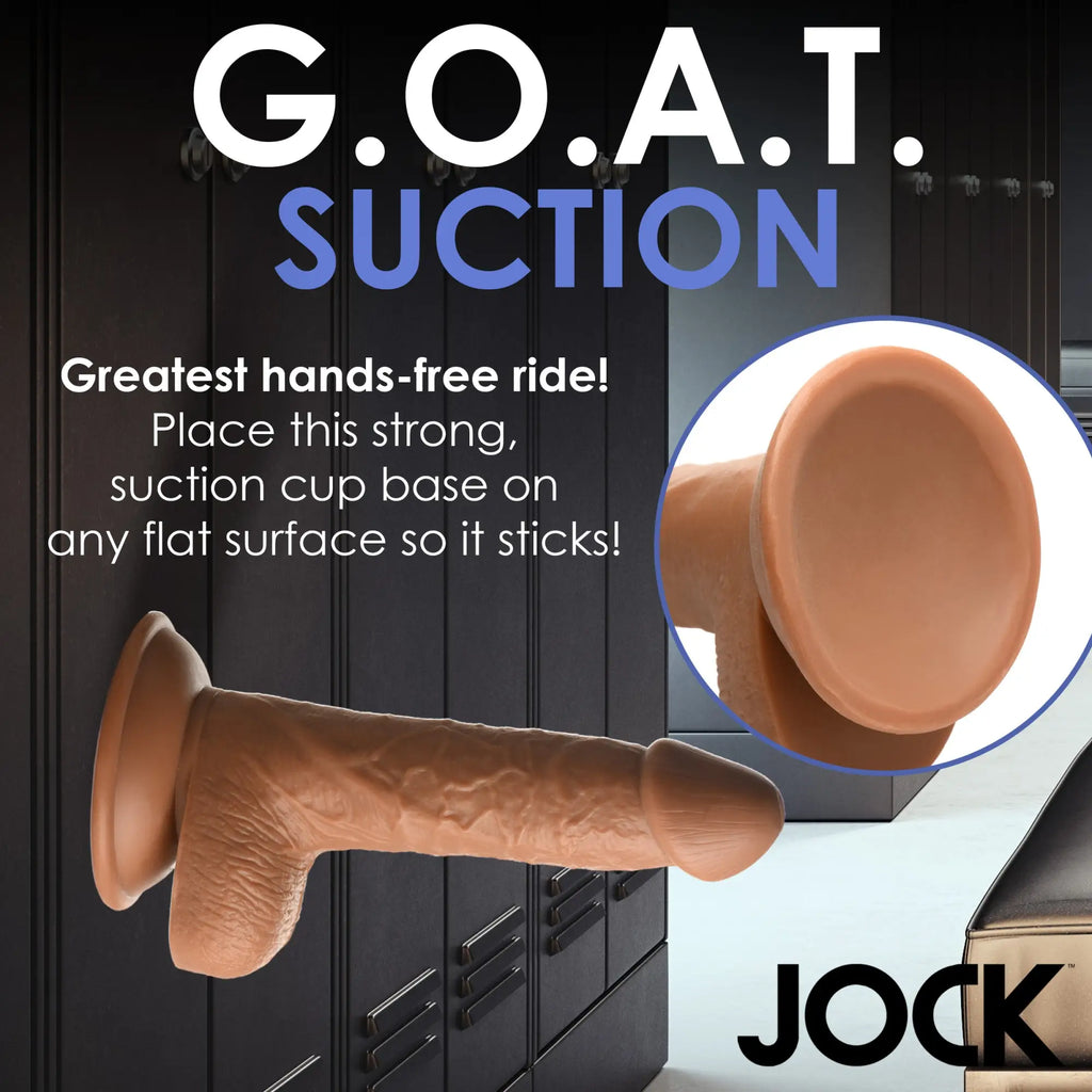 Curve Toys Baseball Brian 7-inch tan, realistic dildo with a suction cup base attached to a locker surface.