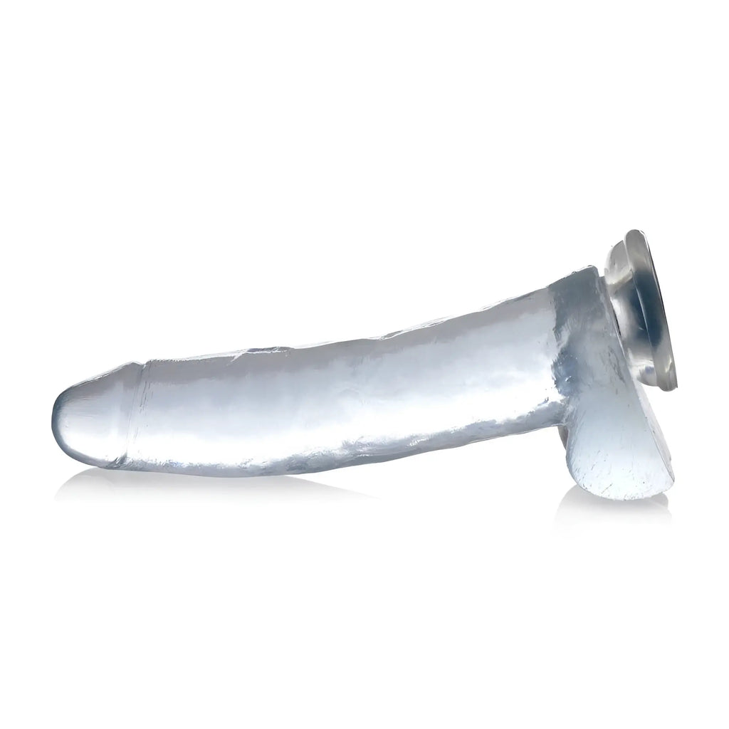 Curve Toys Clear C-Thru dildo, featuring a realistic, transparent silicone design with base and integrated balls.