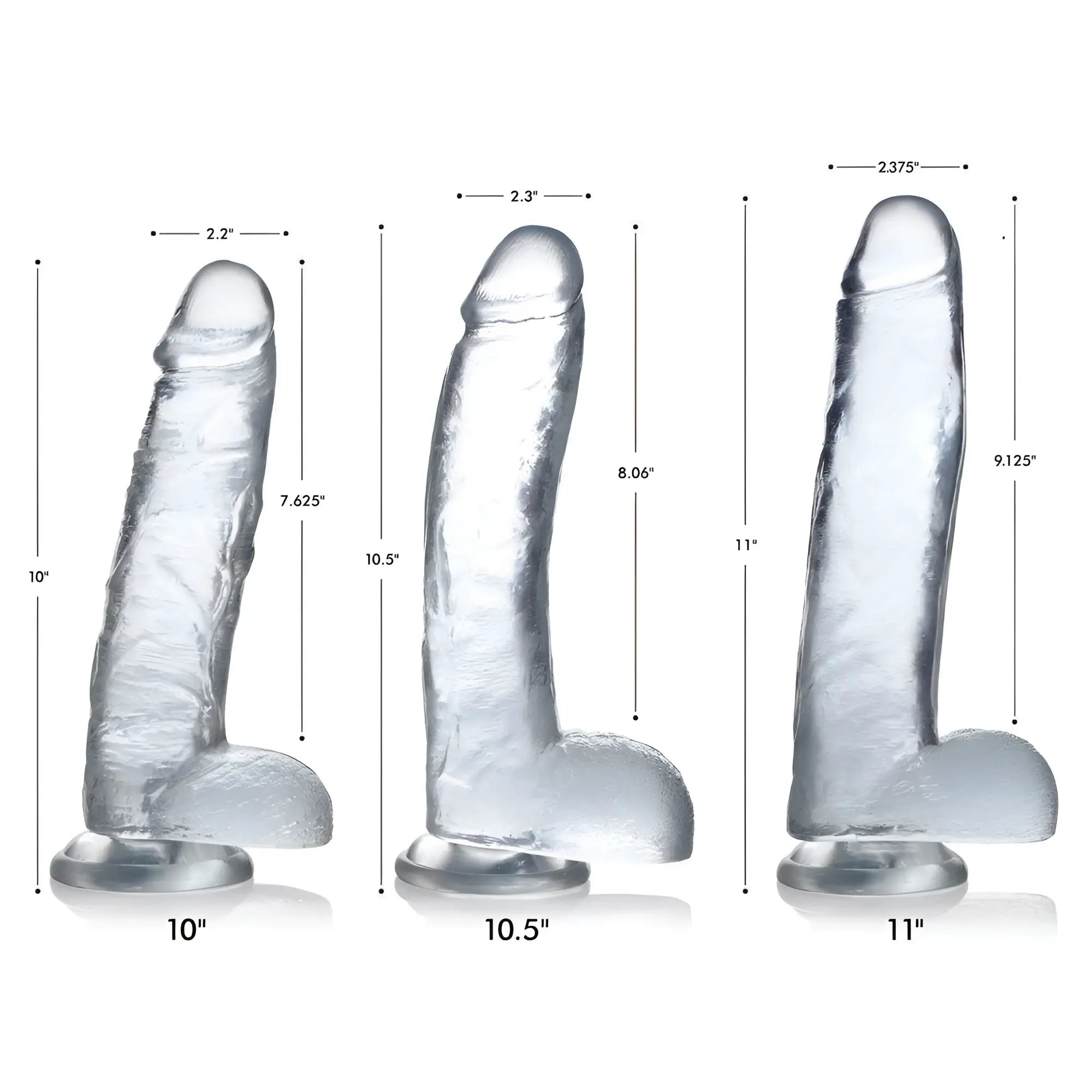 Three Curve Toys Clear C-Thru dildos with balls, shown in 10", 10.5", and 11" sizes with detailed measurement graphics.