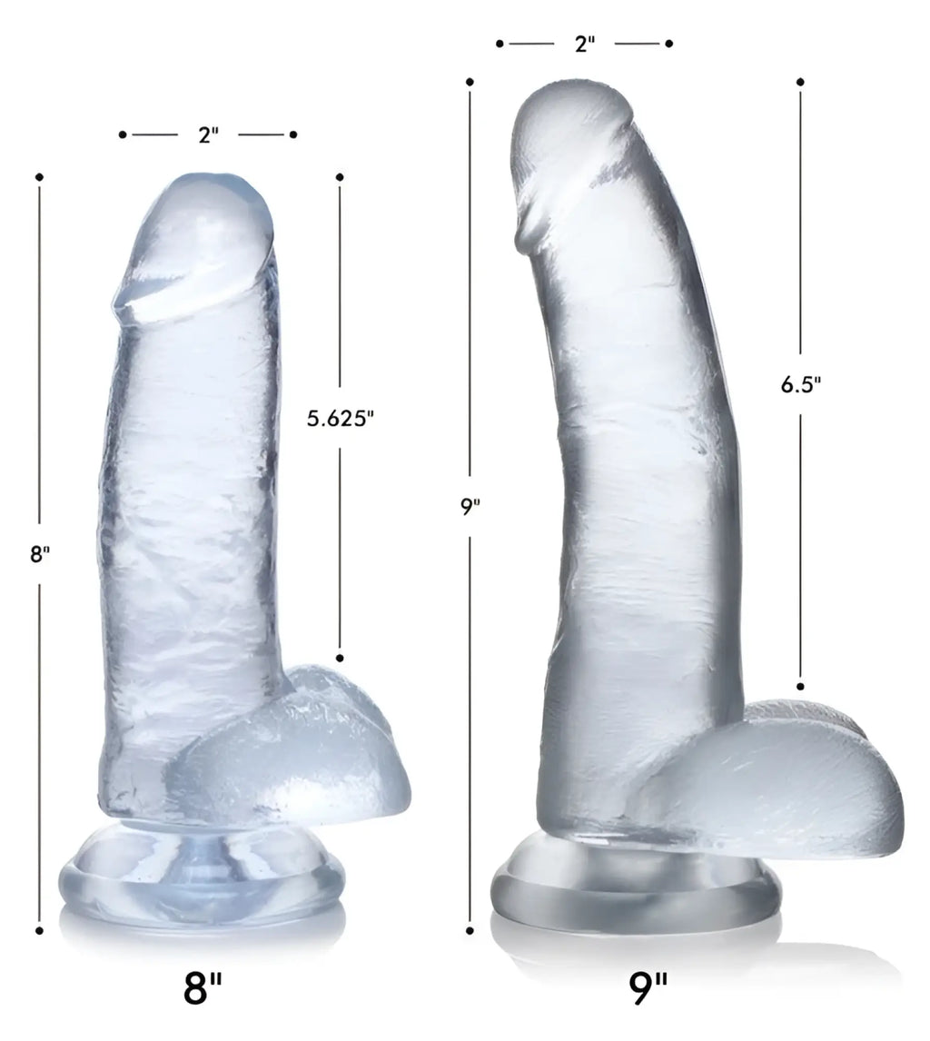 Two clear, realistic Curve Toys C-Thru dildos with balls and suction cup bases, shown with height measurement labels.