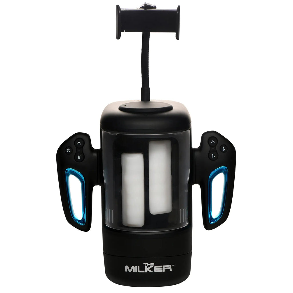 Curve Toys Cyber Milker: black, handheld masturbator with blue accents, control handles, and a top phone mount.