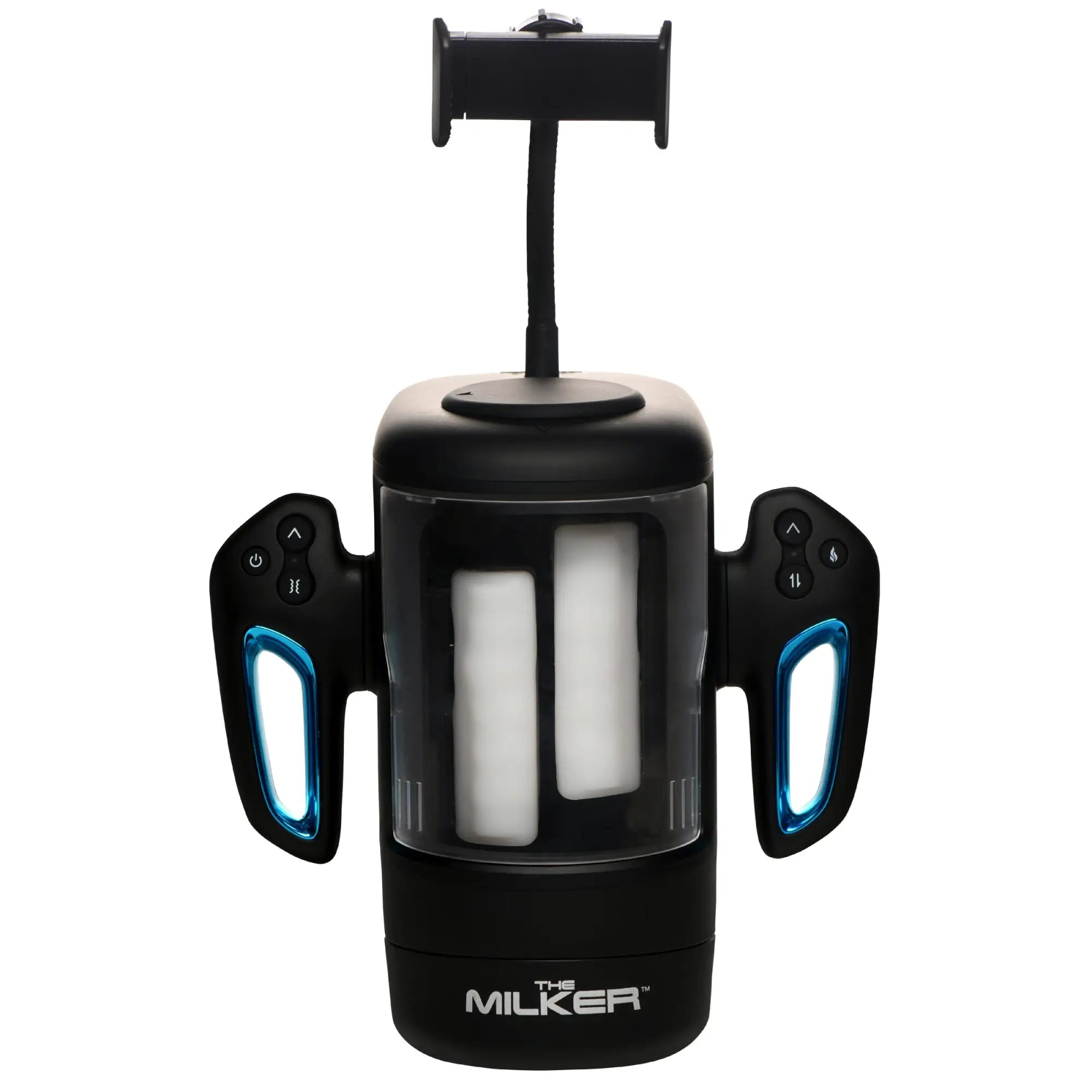 Curve Toys Cyber Milker: black, handheld masturbator with blue accents, control handles, and a top phone mount.