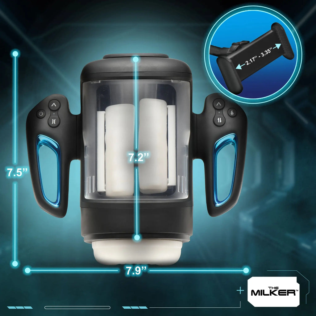 Curve Toys Cyber Milker: Black, sci-fi style masturbator with dual handles, internal white rollers, and size dimensions.