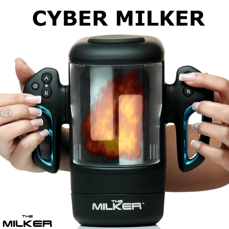 Curve Toys Cyber Milker masturbator: a black, ergonomic handheld device with blue accents held by two hands.