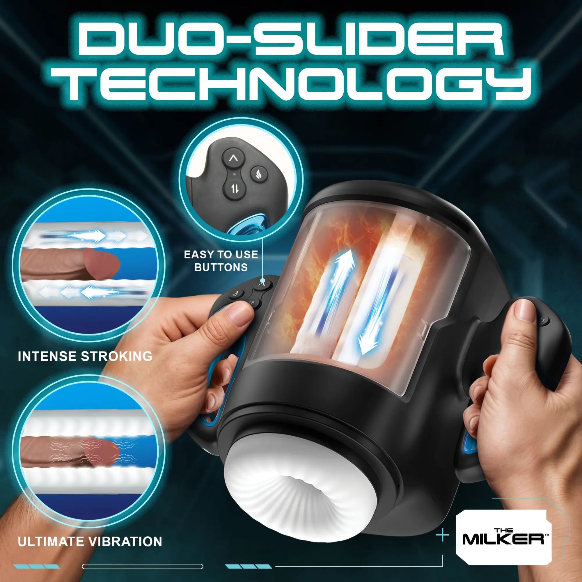Curve Toys Cyber Milker masturbator in black, featuring internal stroking, vibration, and top-mounted control buttons.
