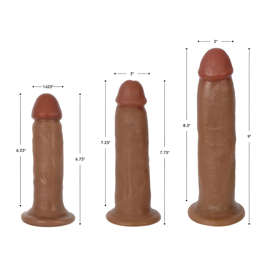Three brown Curve Toys Dark Bareskin dildos in different sizes with measurements shown on a white background.