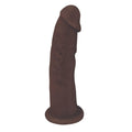 Curve Toys dark silicone dildo, a realistic, textured brown phallic toy with a defined head and wide, flat base.