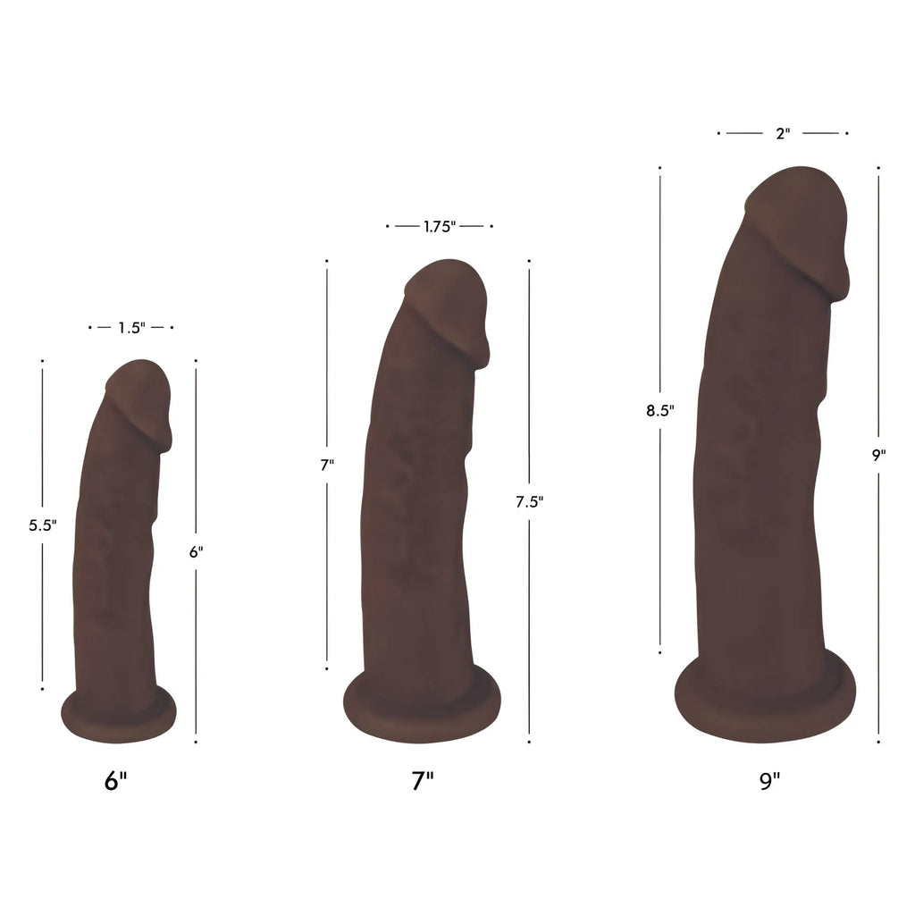 Three Curve Toys dark silicone dildos shown in various sizes with height and width measurement labels on white background.