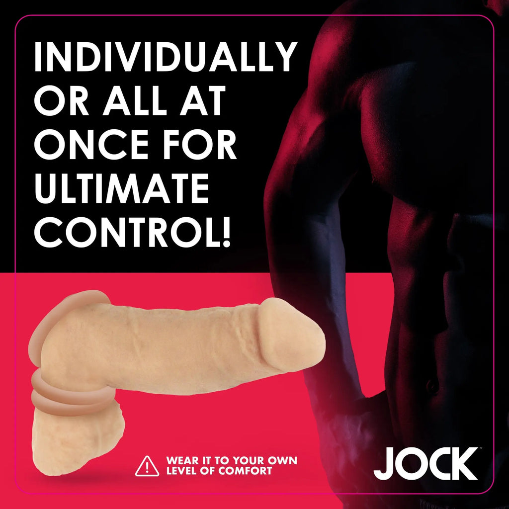 Curve Toys Discreet Silicone Cock Ring Set: three flexible, beige rings shown worn on a realistic-looking model.
