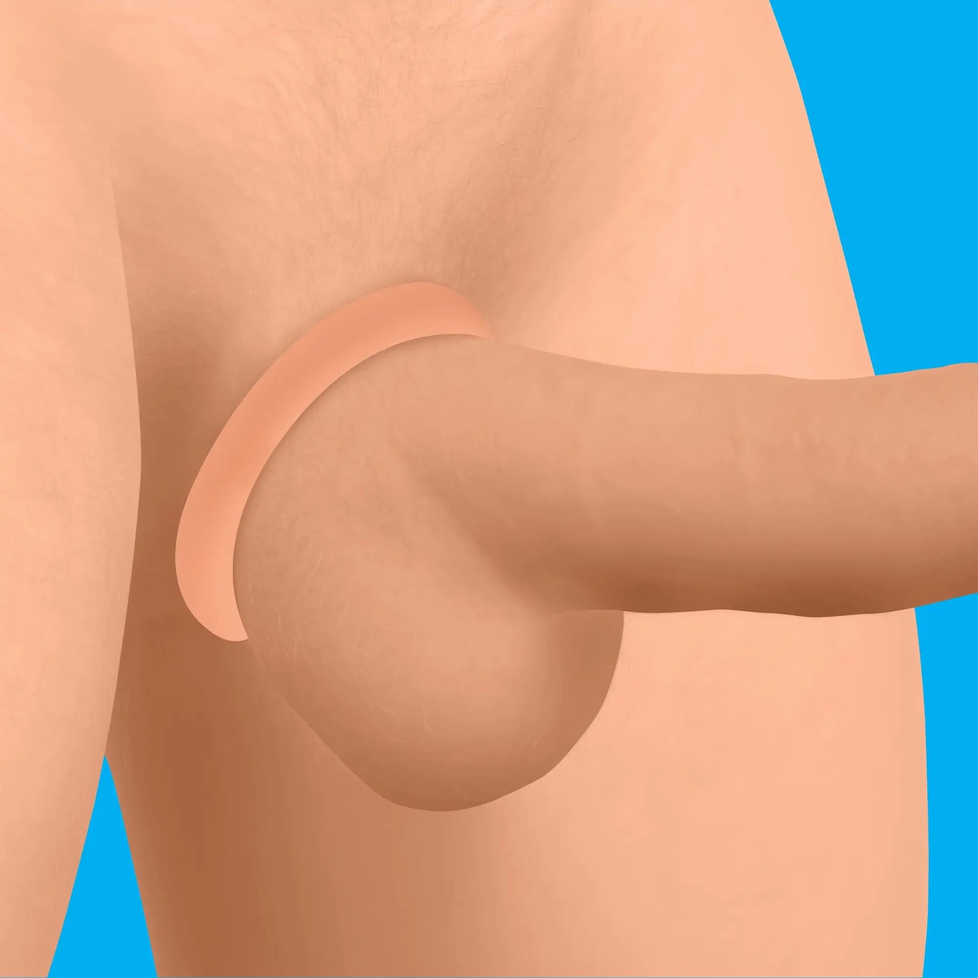 Curve Toys Discreet Silicone Cock Ring: A smooth, beige, flexible ring shown worn at the base of the penis.