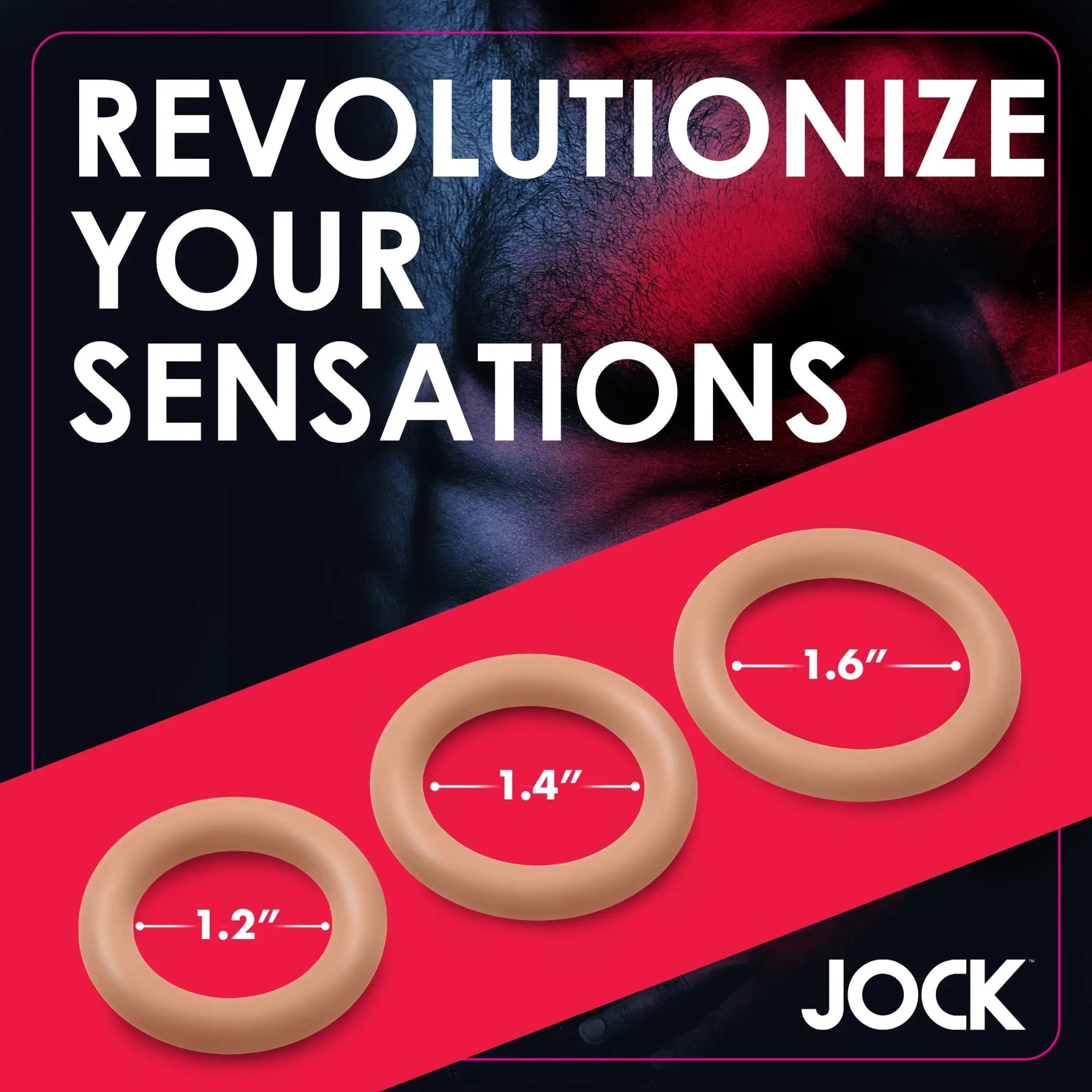 Curve Toys Discreet Silicone Cock Ring Set: three beige rings sized 1.2, 1.4, and 1.6 inches on a red and black background.