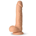 Curve Toys Easy Riders 7-inch tan silicone dildo with textured balls and a suction cup base on a white background.