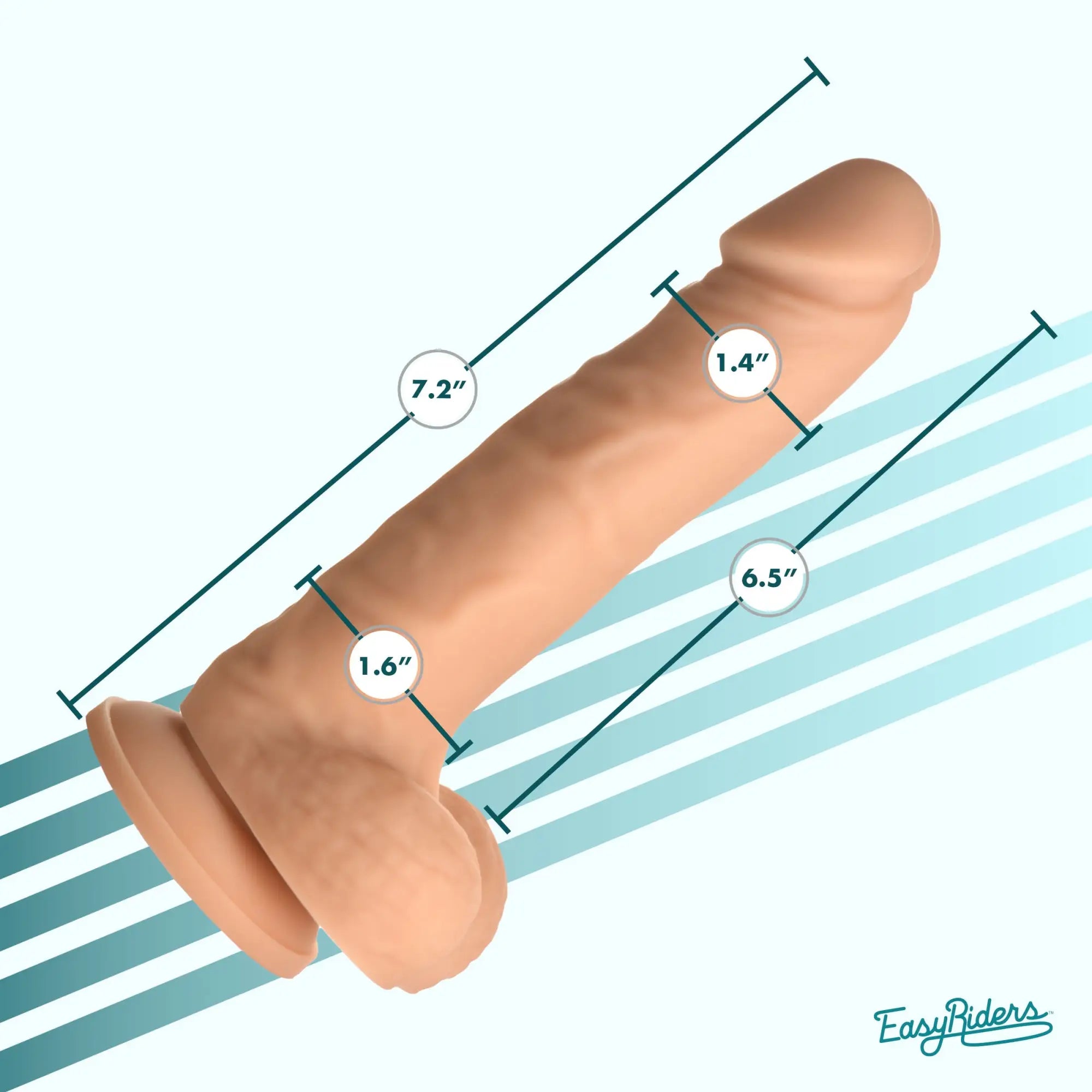 Curve Toys Easy Riders silicone dildo in tan with realistic texture, base, and measurement callouts on a striped background.