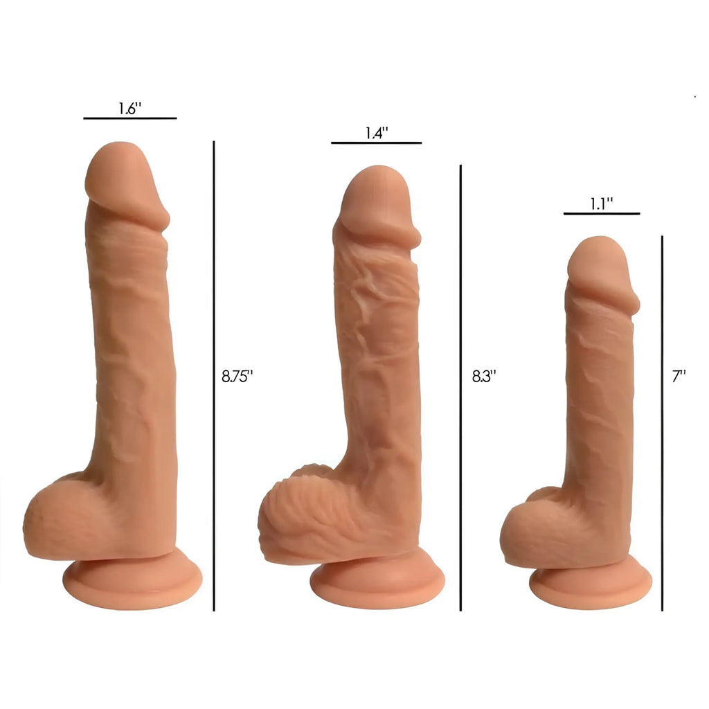 Curve Toys Easy Riders: Three realistic, flesh-toned silicone dildos with suction bases, shown with size measurements.