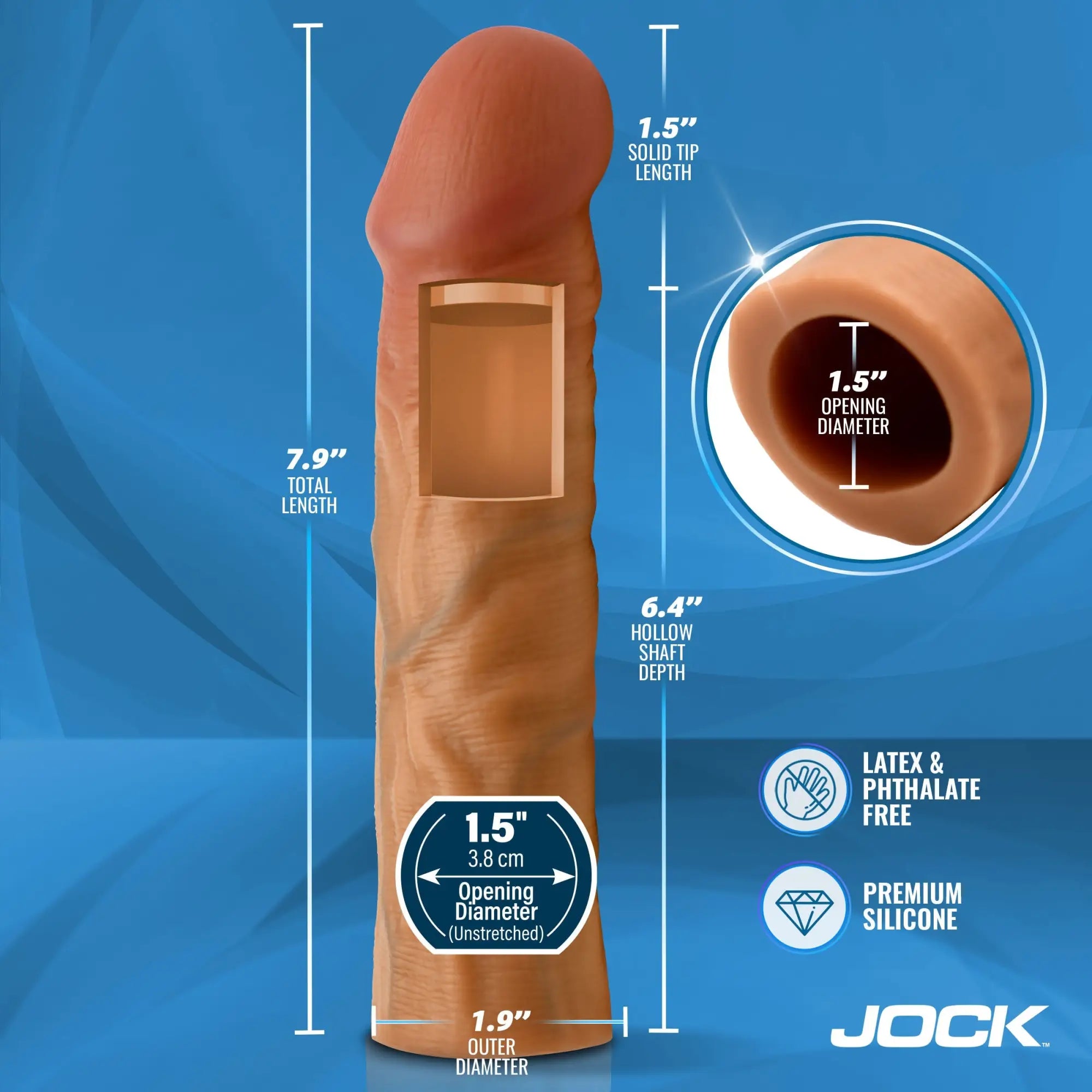 Curve Toys 1.5" Realistic Penis Extension: Tan silicone shaft with dimensions and a detailed view of the 1.5" opening.