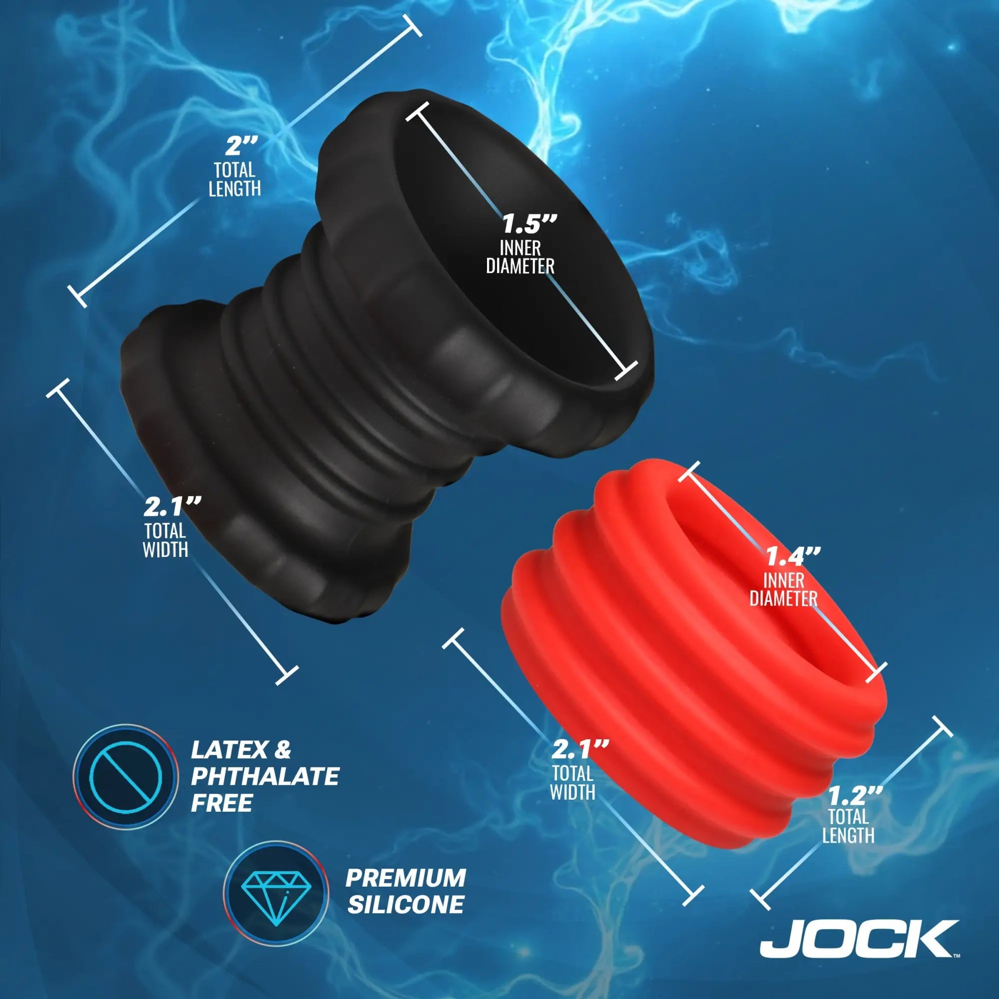 Curve Toys Enhancers 2-in-1 silicone cock rings: one black, one red, ribbed design with labeled dimensions on blue background.